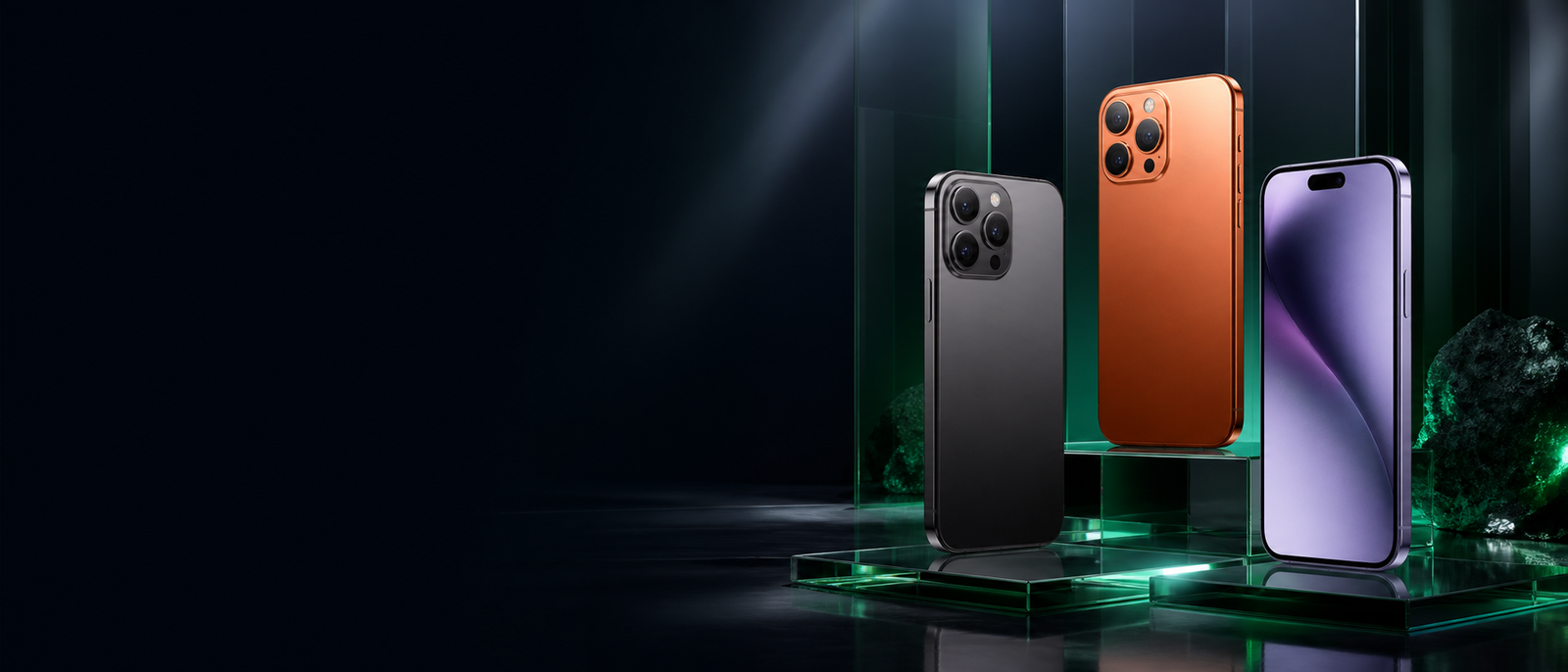 Smartphones em cenário premium escuro com luzes verdes